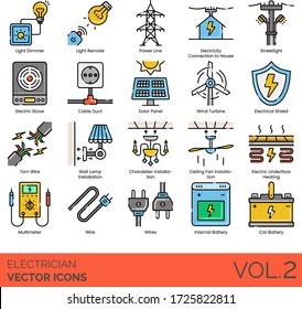 Electrician icons including light dimmer, remote, power line, streetlight, stove, cable duct, solar panel, wind turbine, electrical shield, torn wire, installation, chandelier, ceiling fan, multimeter