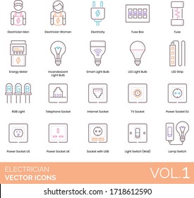 Electrician icons including man, woman, electricity, fuse box, energy meter, incandescent light bulb, smart, LED strip, RGB, telephone, internet, TV, power socket EU, US, UK, USB, wall switch, lamp.