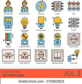 Electrician icons including man, woman, electricity, fuse box, energy meter, incandescent light bulb, smart, LED strip, RGB, telephone, internet, TV, power socket EU, US, UK, USB, switch, wall, lamp.