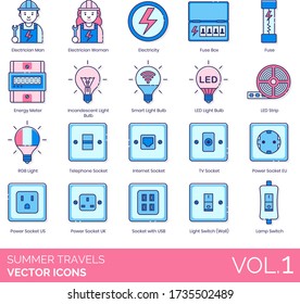 Electrician icons including man, woman, electricity, fuse box, energy meter, incandescent light bulb, smart, LED strip, RGB, telephone, internet, TV, power socket EU, US, UK, USB, switch, wall, lamp.