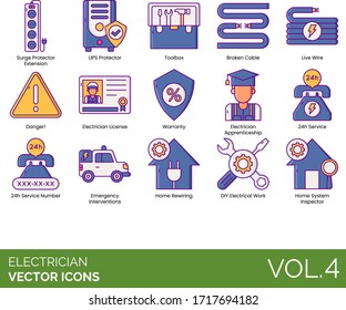 Electrician Icons Including Surge Protector Extension, UPS, Toolbox, Broken Cable, Live Wire, Warranty, Apprenticeship, 24h Service Number, Emergency Intervention, Home Rewiring, DIY Electrical Work.