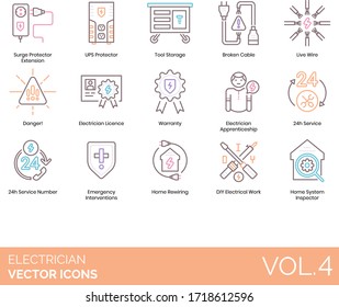 Electrician Icons Including Surge Protector Extension, UPS, Tool Storage, Broken Cable, Live Wire, Danger, License, Warranty, Apprenticeship, 24h Service Number, Emergency Intervention, Home Rewiring.