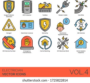 Electrician Icons Including Surge Protector Extension, UPS, Live Wire, Danger, License, Warranty, Apprenticeship, 24h Service Number, Emergency Intervention, Home Rewiring, DIY Electrical Work.