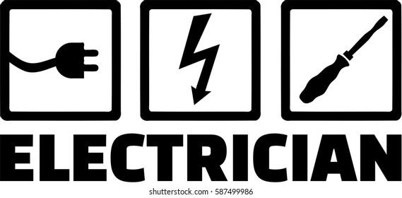 Electrician with icons plug, bolt and screwdriver