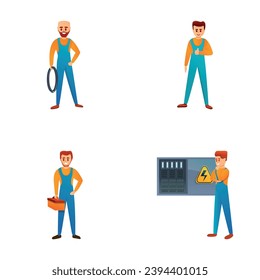 Electrician icons set cartoon vector. Switch board wiring maintenance job. Technician character, renovation work