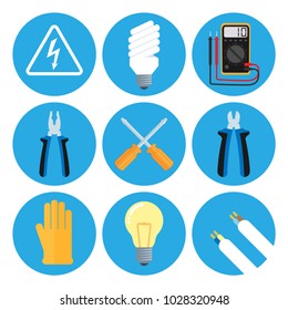 Electrician icons set flat. Electrical equipment signs for web and mobile apps. electronic measuring instrument, lightbulb, pliers, nippers, screwdriver, multimeter, voltage, cable, protective gloves
