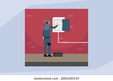 Um eletricista inspecionando e trabalhando em um painel elétrico em uma parede de tijolos, simbolizando a reparação e manutenção de casas 2d ilustração de vetor plana