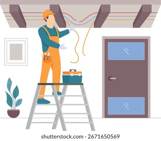 Electrician Installing Ceiling Wires while standing on ladder concept,Technician Handling cables vector design Electric Profession banner Low Voltage Power Supply scene Handyman Repairman illustration