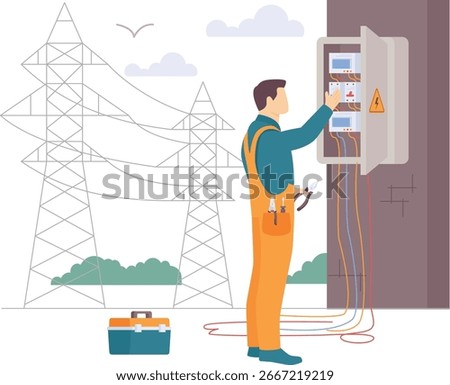 Electrician installing MCB Panel while standing concept, Person with distribution box vector design, Electricity Profession banner, Low High Voltage Power Supply scene, Handyman repairman illustration