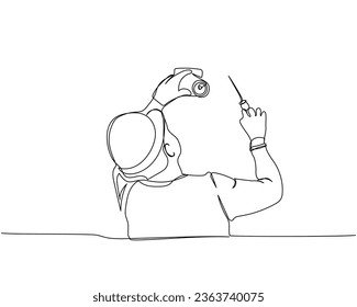 Electrician installs CCTV camera in work uniform, protective overalls, hard hat one line art. Continuous line drawing of repair, professional, hand, people, concept, support, maintenance.