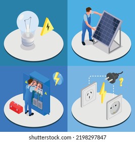 Electrician isometric 2x2 design concept set of four square compositions with professional workers and equipment items vector illustration