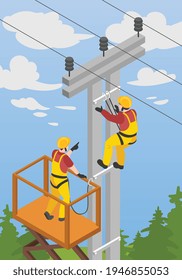 Electrician isometric background with high systems and danger symbols vector illustration