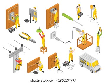 Electrician isometric color set with equipment and service symbols isolated vector illustration