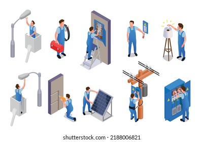 Electrician isometric set of professionals working with solar panels high voltage equipment performing installation electrical works isolated vector illustration