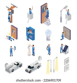 Electrician isometric set of technicians working with street lighting devices solar panels testing electrical equipment isolated vector illustration