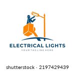 Electrician in lift bucket or bucket truck, repairing street light, logo design. Bucket lift, electrical, electricity, lighting and repair, vector design and illustration