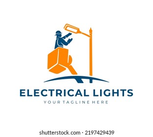 Electrician in lift bucket or bucket truck, repairing street light, logo design. Bucket lift, electrical, electricity, lighting and repair, vector design and illustration