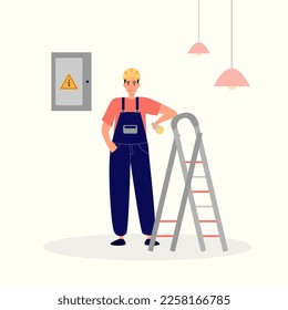 Electrician with a light bulb on the background of the electric board.  Male electrician in uniform. Vector flat cartoon illustration of a worker in flat style. Concept for home repair.