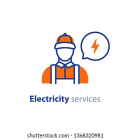 Electrician line icon, electricity services, electrical repairman, technician person, maintenance engineer, vector illustration