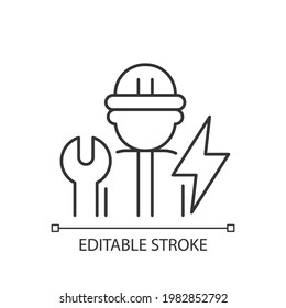 Icono lineal eléctrico. Instalación y mantenimiento del sistema de cableado eléctrico. Ilustración personalizable de línea delgada. Símbolo de contorno. Dibujo de contorno aislado del vector. Trazo editable
