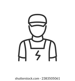 Electrician, linear icon. A person dressed as an electrician, an employee, a professional. Line with editable stroke