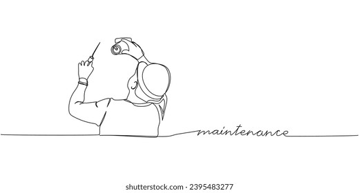 Electrician, maintenance in work uniform one line art. Continuous line drawing of repair, professional, hand, people, concept, support with inscription, lettering, handwritten.