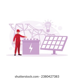An electrician makes environmentally friendly and renewable energy with solar power. Power plant with photovoltaic panels and eolic turbine. Storage concept. Trend Modern vector flat illustration