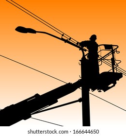 Electrician, making repairs at a power pole. Vector illustration.