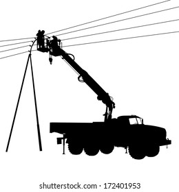 Electrician, making repairs at a power pole. Vector illustration.