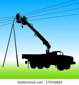 Electrician, making repairs at a power pole. Vector illustration.