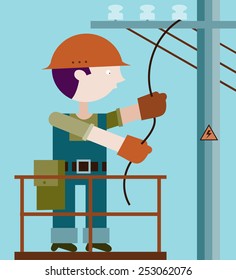 Electrician making repairs at a power pole
