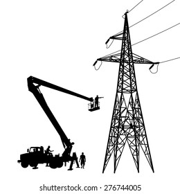 Electrician, making repairs at a power pole. Vector illustration.