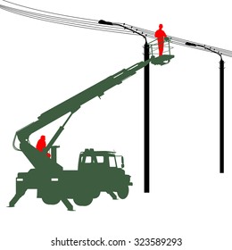 Electrician, making repairs at a power pole. Vector illustration.