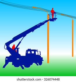Electrician, making repairs at a power pole. Vector illustration.