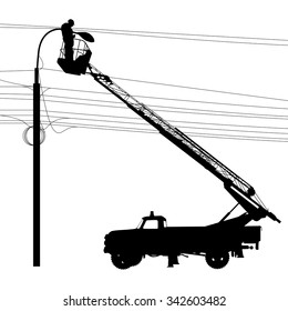 Electrician, making repairs at a power pole. Vector illustration.