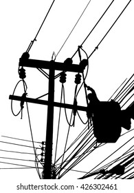 Electrician making repairs at a power pole. Vector illustration.