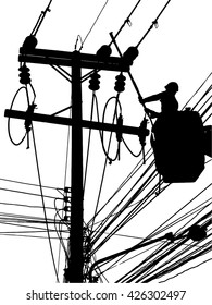 Electrician making repairs at a power pole. Vector illustration.