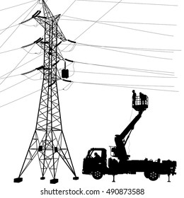 Electrician, making repairs at a power pole. Vector illustration.