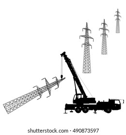 Electrician, making repairs at a power pole. Vector illustration.