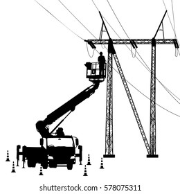 Electrician, making repairs at a power pole. Vector illustration.