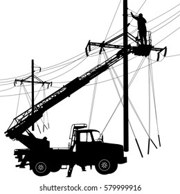 Electrician, making repairs at a power pole. Vector illustration