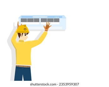 Electrician man checking the cooling temperature of the air conditioner. while standing on background. Air conditioner technician and air in home systems, industrial. Vector illustration cartoon style