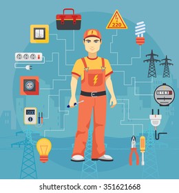 Electrician man concept with professional instruments tools. 