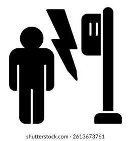 Electrician man with electrical panel pole on pole solid icon, insurance concept. Vector graphics. Risk and electricity, human sign on white background, glyph style mobile or design