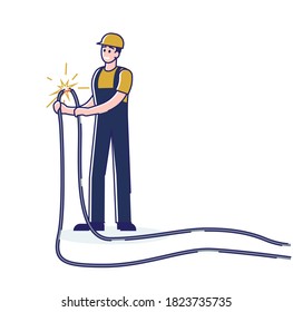 Electrician man holding electric cable with electricity spark. Cartoon engineer wearing protective uniform repair high voltage wire. Linear vector illustration