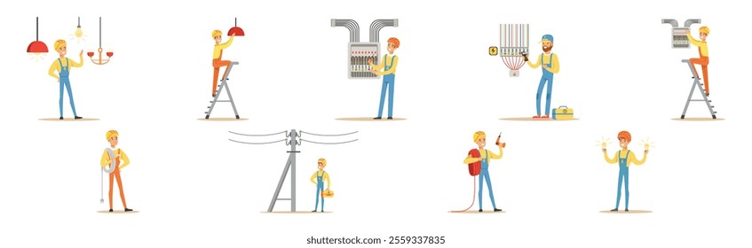 Electrician Man Professional Worker in Uniform Repair Electrical Element Vector Set