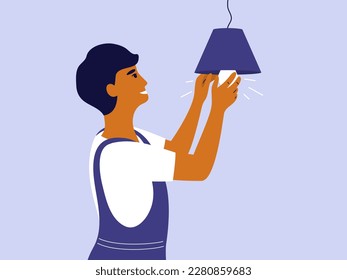 Electrician man screwing light bulb into ceiling chandelier or lamp. Engineer worker checking electric lighting wire. Repair home service, repairman, maintenance job. Electricity vector illustration