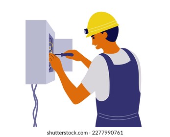 Hombre eléctrico atornillando el cable en el tablero de cambios por el destornillador. Trabajador de ingeniería reparando el cableado eléctrico del medidor eléctrico. Reparar el servicio doméstico, trabajo de mantenimiento. Ilustración vectorial aislada de electricidad