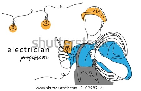 Electrician man with tester tool and electric cable, wire. One continuous line art drawing vector illustration of electrician man.