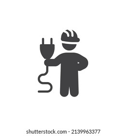 Electrician man vector icon. filled flat sign for mobile concept and web design. Man with plug glyph icon. Symbol, logo illustration. Vector graphics